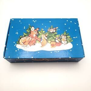 Vintage Blue Pencil Box Animals in Snow Hinged Lid Stationery Storage Old School